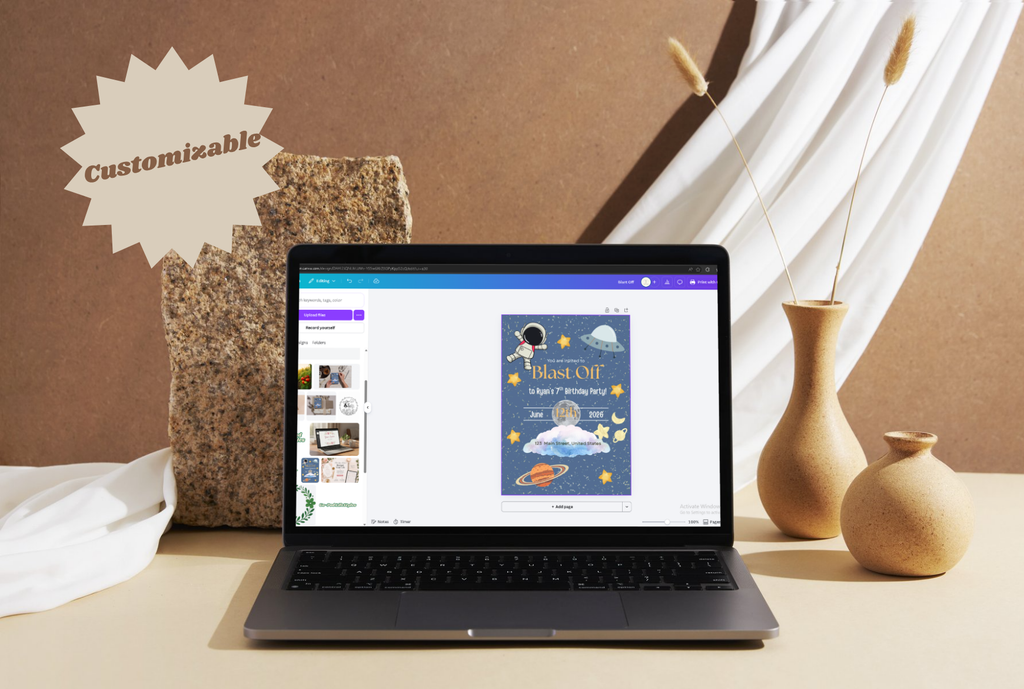 Laptop displaying a customizable product on a table with decorative vases and a brown wall.