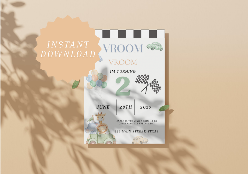 Vroom Vroom I’m Turning Two (2) Invitation | Race Car 2nd Birthday Canva Template | Instant Download