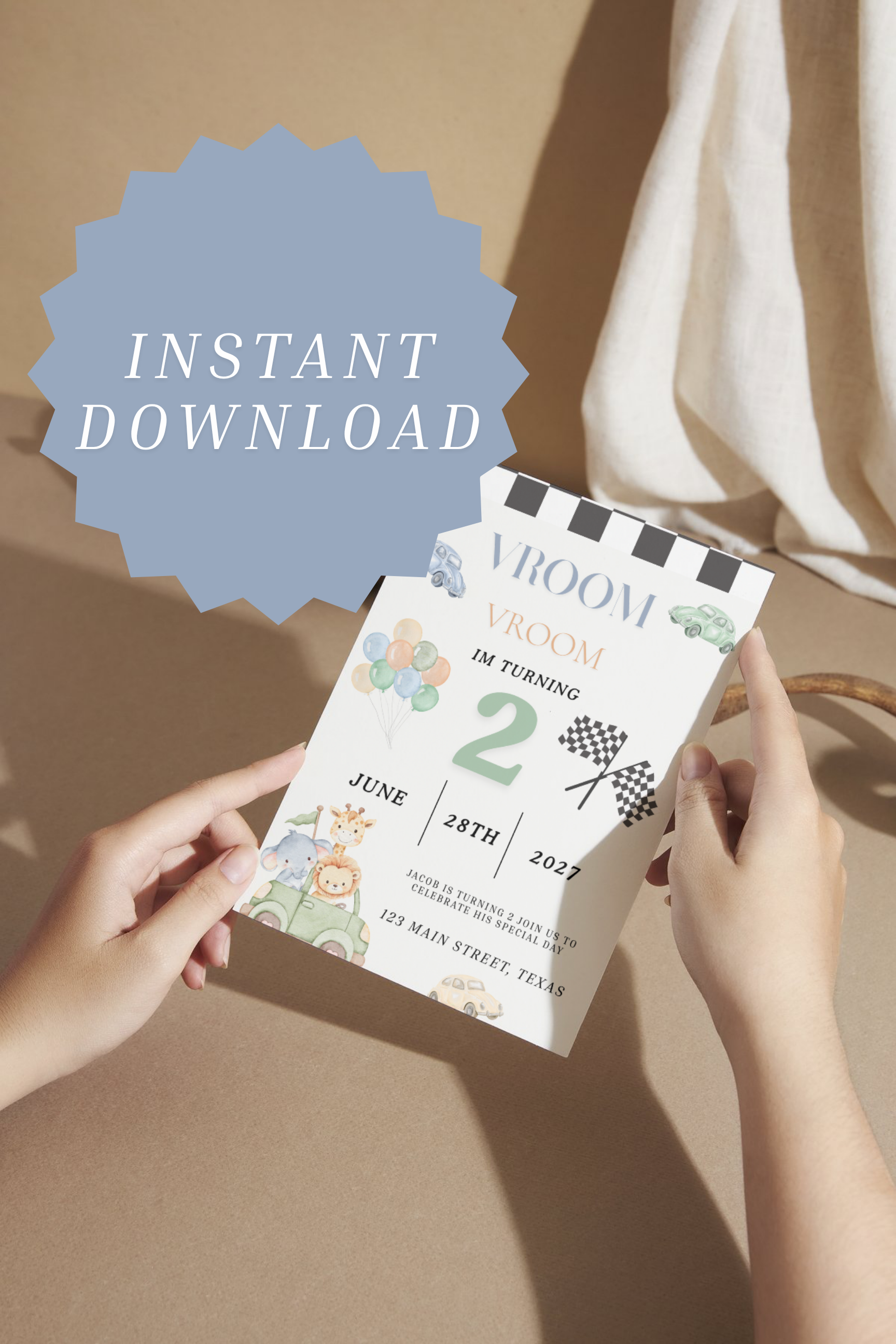 Vroom Vroom I’m Turning Two (2) Invitation | Race Car 2nd Birthday Canva Template | Instant Download