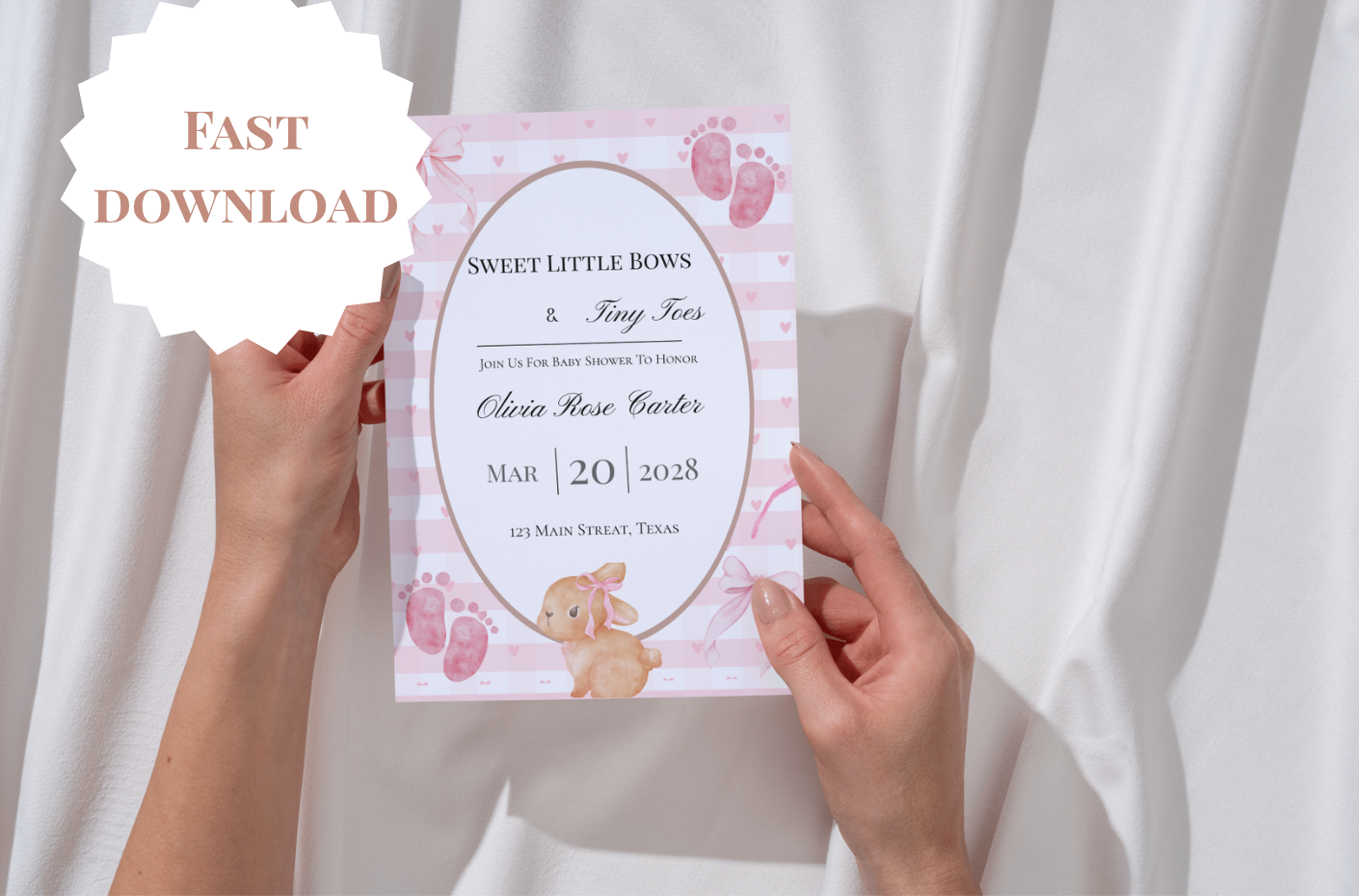 Sweet Little Bows & Tiny Toes Baby Shower Invitation Template | 5x7 Invitation