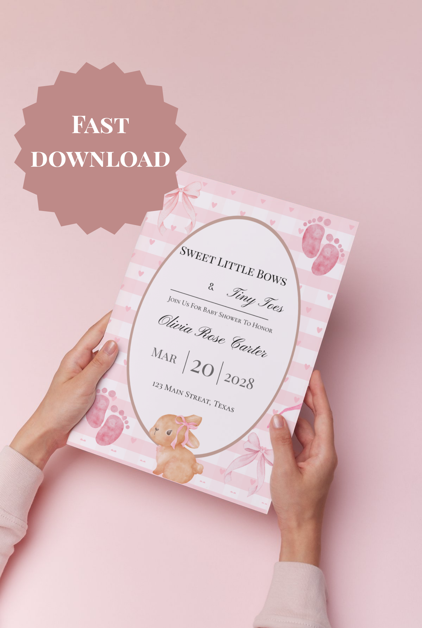 Sweet Little Bows & Tiny Toes Baby Shower Invitation Template | 5x7 Invitation