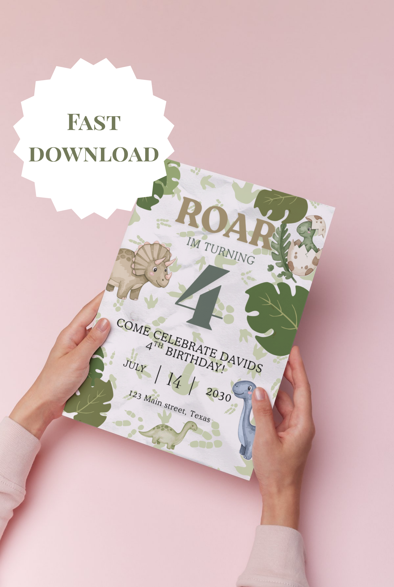 Roar I’m Turning Four (4) Invite | Editable Dinosaur Birthday Invitation Template