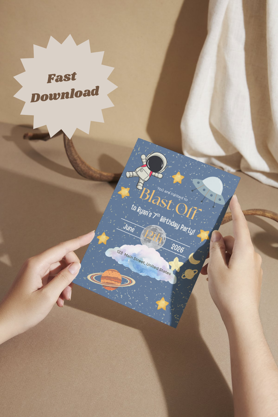 Cute Editable Space Birthday Invitation Template | Astronaut Kids Birthday Invite | Instant Download