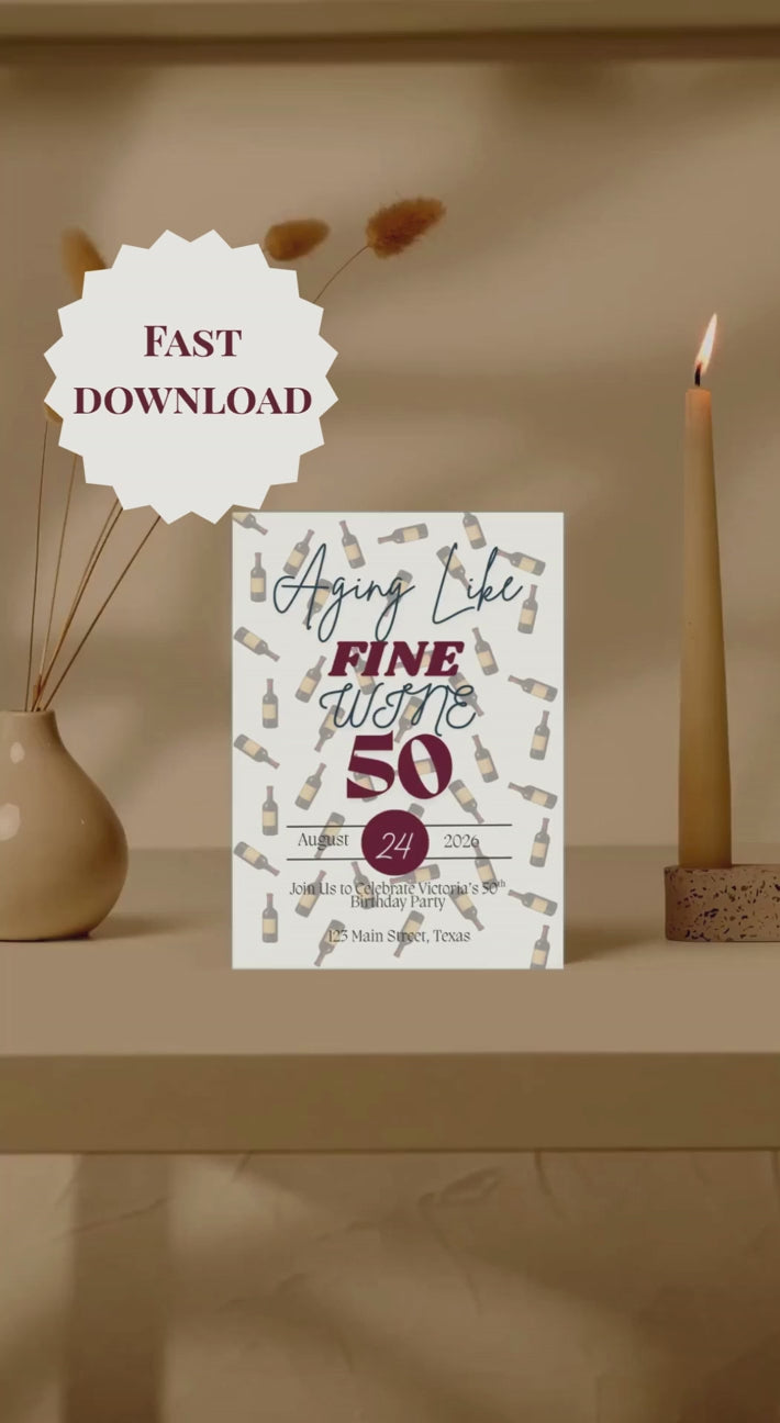 Editable Aging Like Fine Wine 50th Birthday Invitation Template |  Instant Download